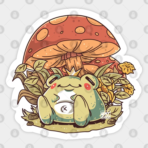 Sitting King Frog Collection: Frog and Mushroom Sticker by unygara